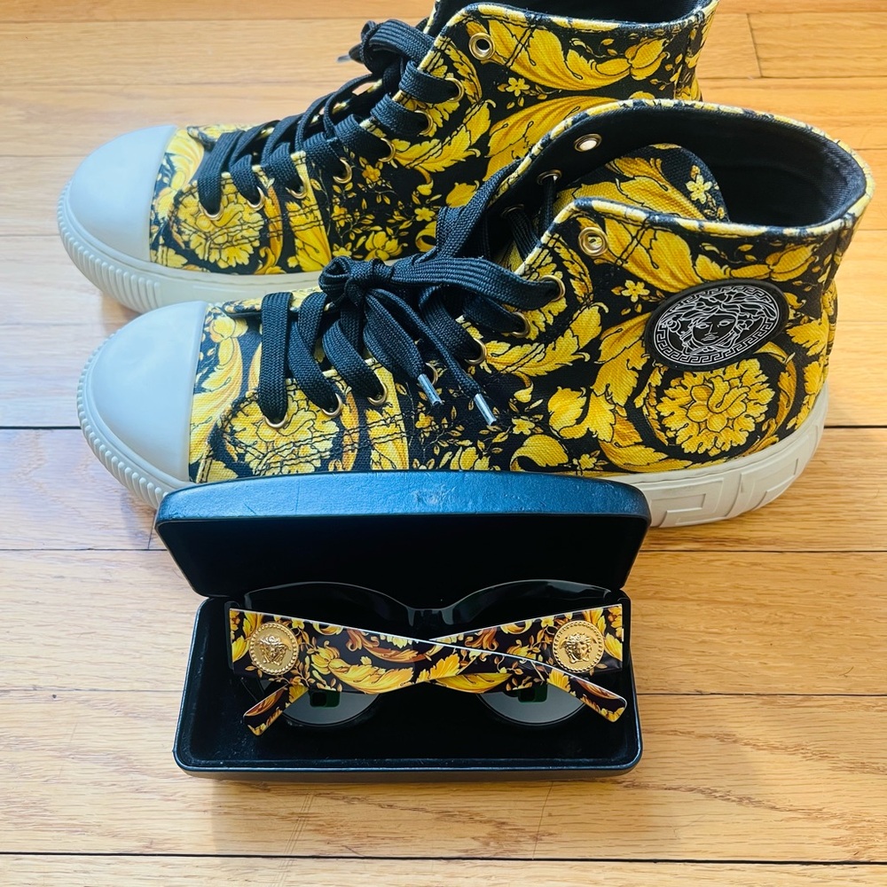 Versace Yellow & Black Baroque High-Top Sneakers - Picture 2 of 9